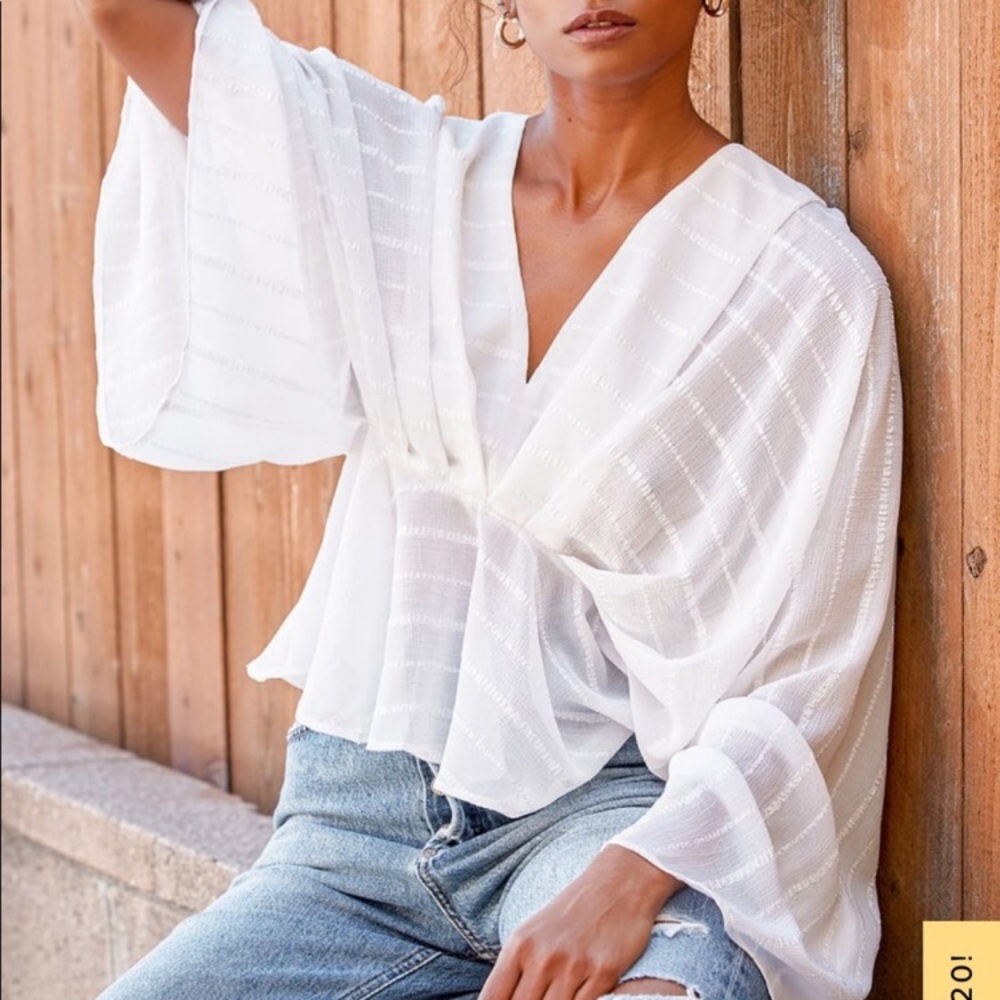 Lulu's White V-Neck Sheer Textured Knot Front Blouse